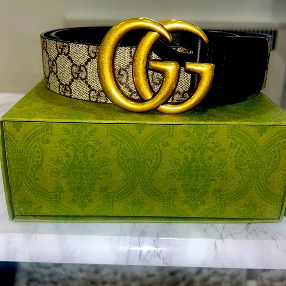 Gucci Accessories - Gucci Black and Beige Belt with Gold GG Buckle